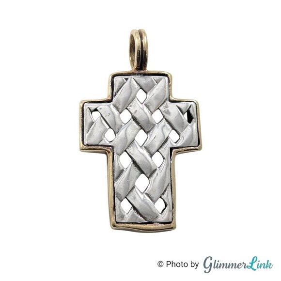 Vintage Two Tone Cross Woven Lattice Sterling Silver Gold Plated Pendant - Picture 1 of 9